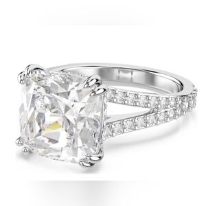 Swarovski Stilla Cocktail Ring Square-Cut White Zirconia Rhodium Plated Size 58